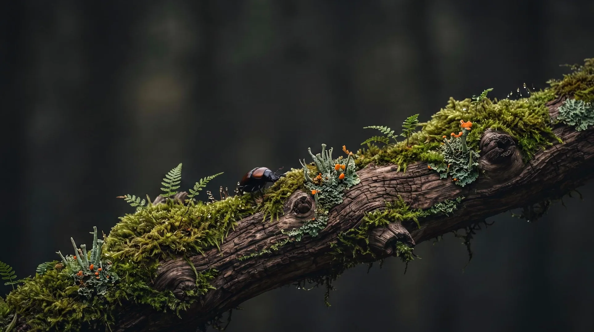 A small beetle crosses the mossy branch.