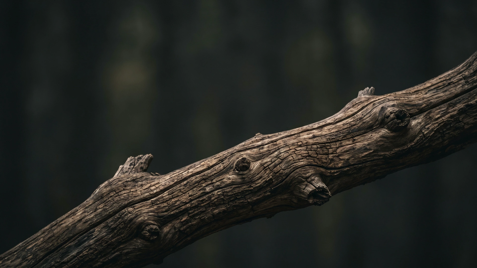 A weathered branch crosses a dim forest scene diagonally.