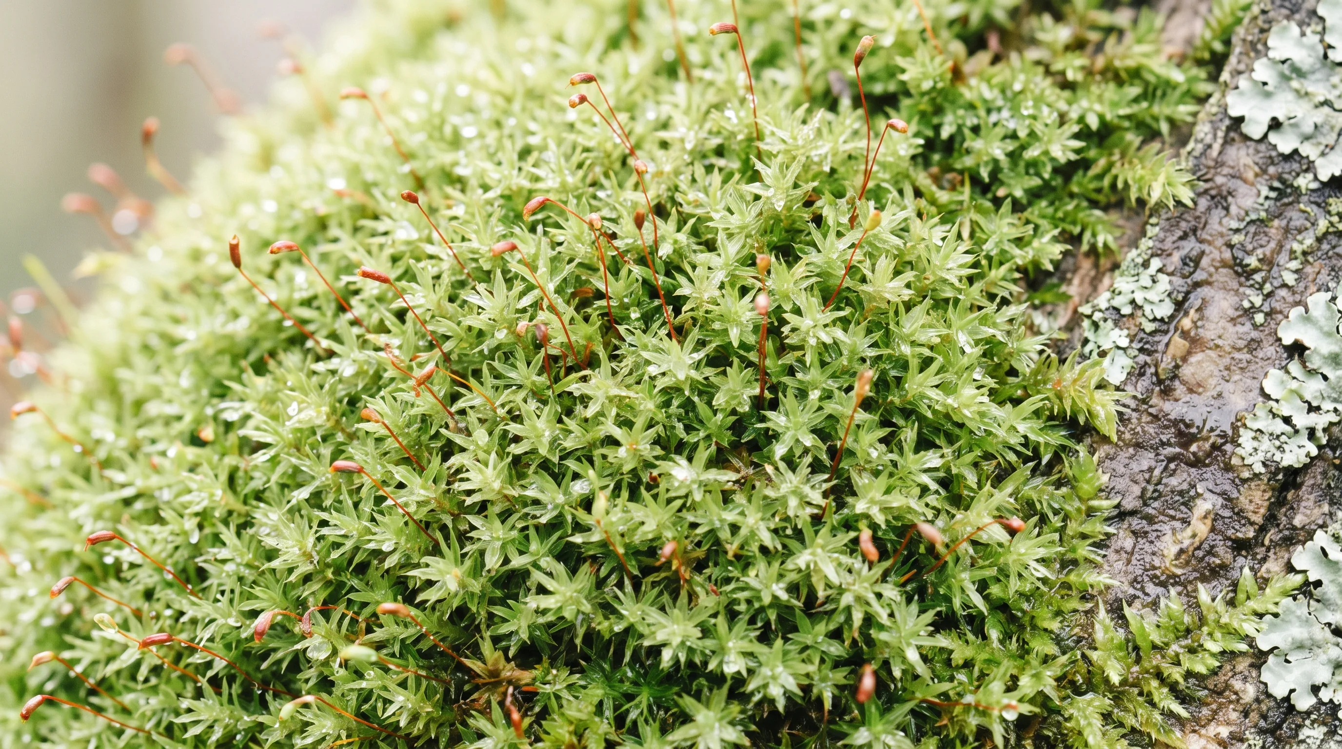 A moss cushion on old bark in daylight.