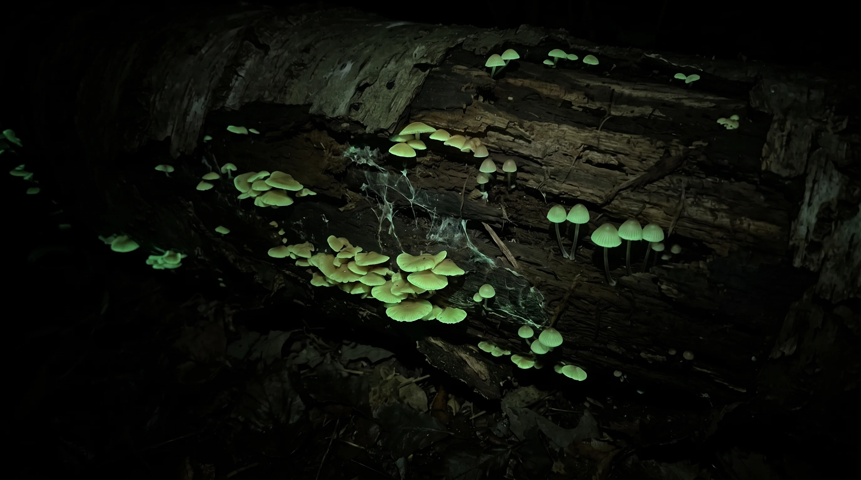 A fallen log in the dark, its fungi glowing green.