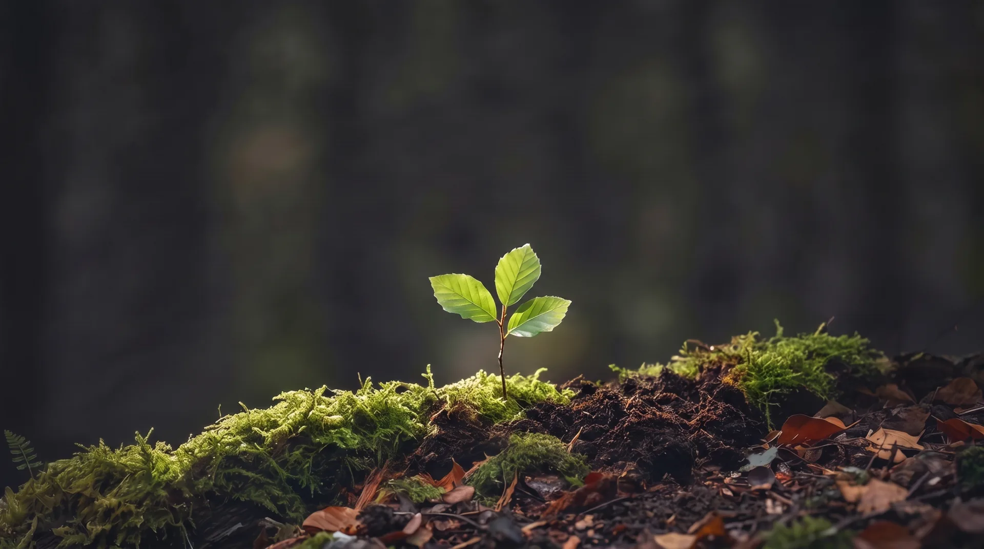 Where the branch lay, a young seedling rises from the soil.